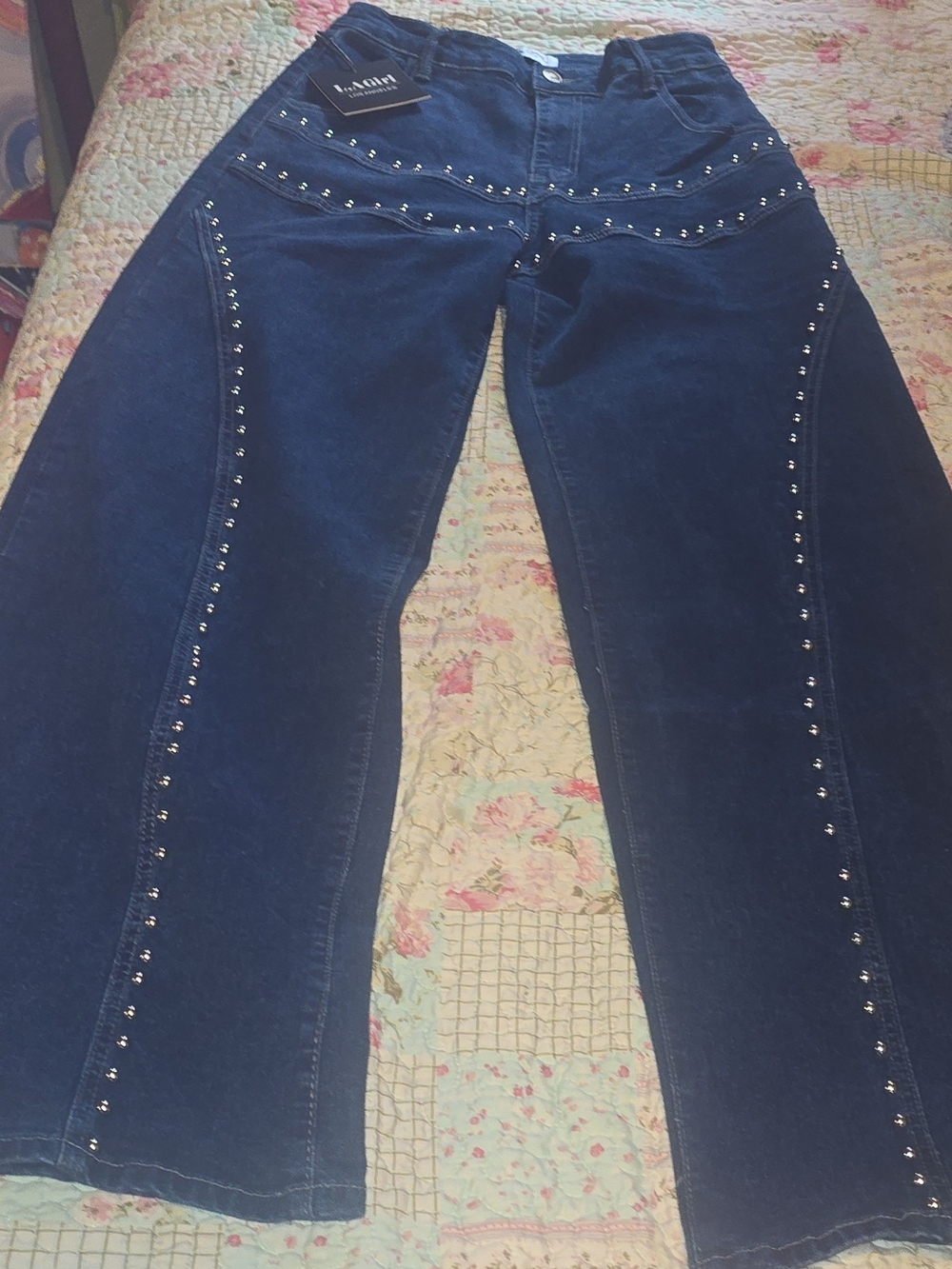 LA Girl Studded High Waisted Wide Leg Jeans Dark Wash Denim - NWT Size 9